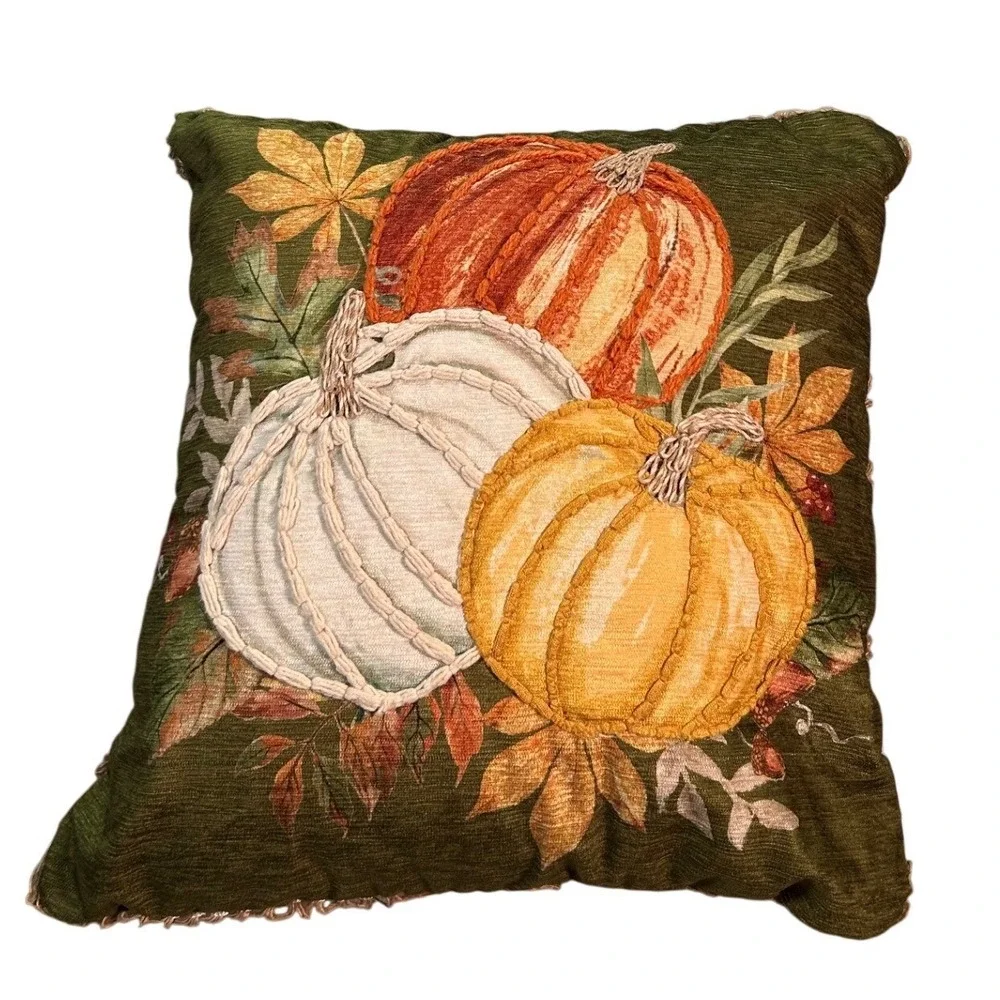 Farmhouse Rachel Ashwell Embroidered Pumpkin Fall Throw Pillow Shabby Chic 16
